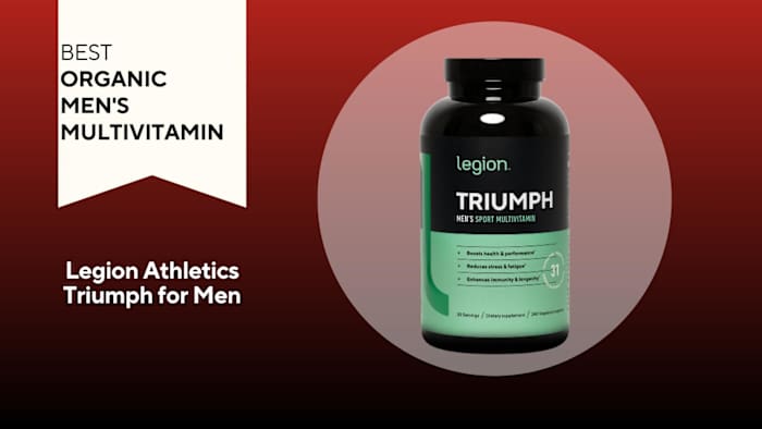 A black and green bottle of Legion Athletics Triumph for Men against a red background